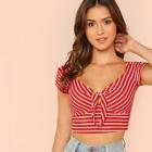 Romwe Crop Knot Front Striped Top