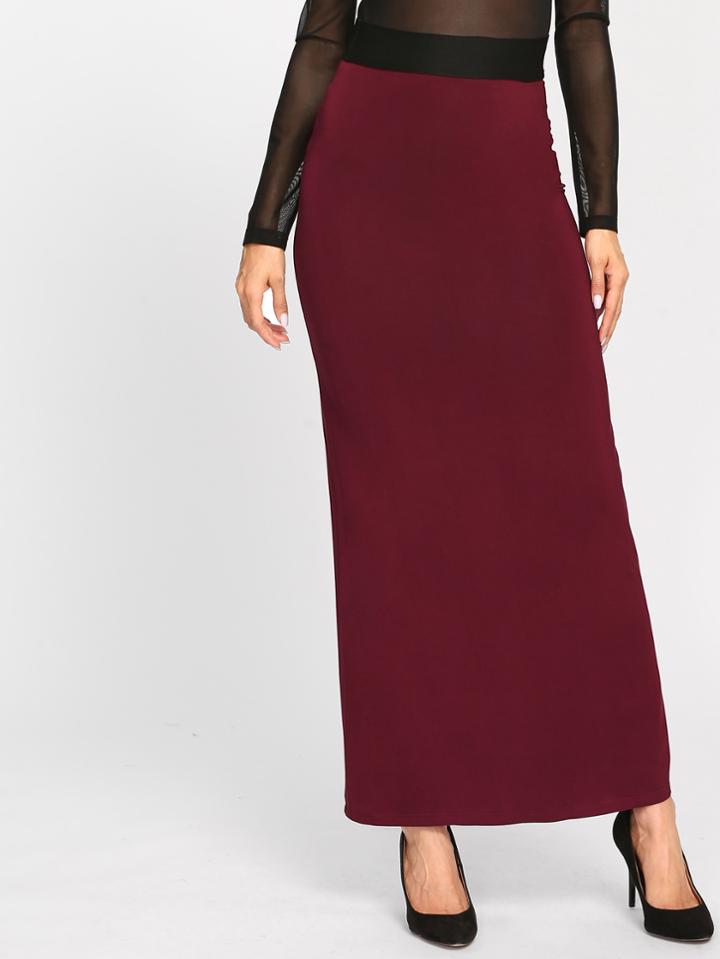 Romwe Contrast Waistband Stretch Knit Column Skirt