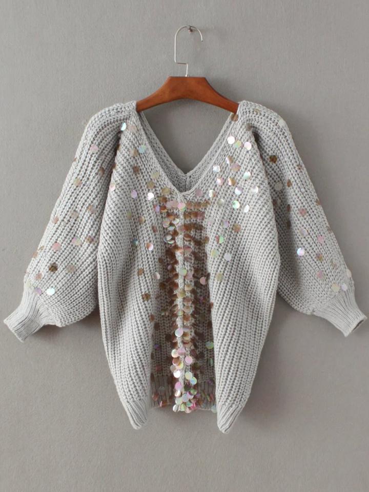 Romwe Grey Sequin Detail V Neck Lantern Sleeve Sweater