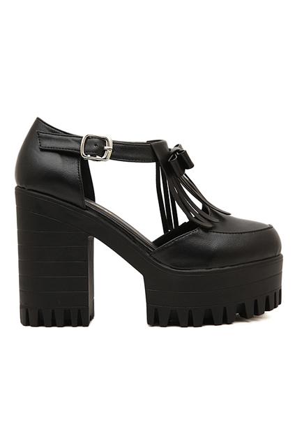 Romwe Bowknot & Tassels Embellished Black Platforms With Buckle