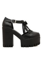 Romwe Bowknot & Tassels Embellished Black Platforms With Buckle