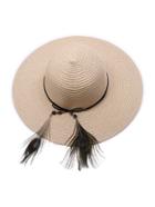 Romwe Camel Straw Hat With Feather Detail
