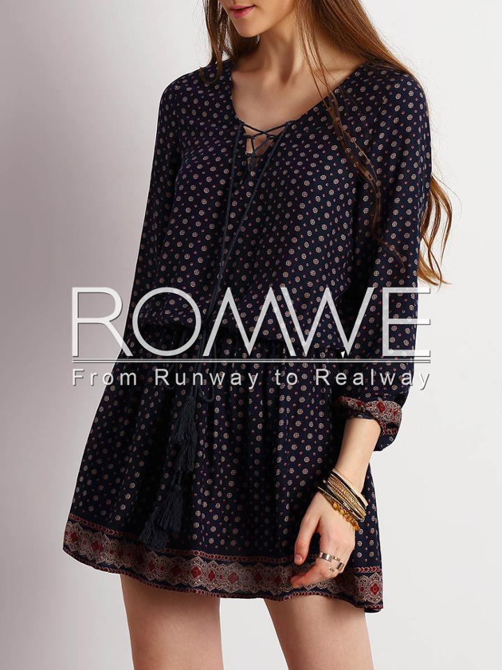Romwe Tribal Print Tie Neck High Waist Dress