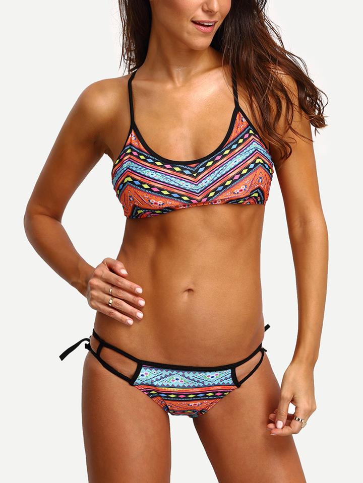 Romwe Tribal Print Cutout Bikini Set
