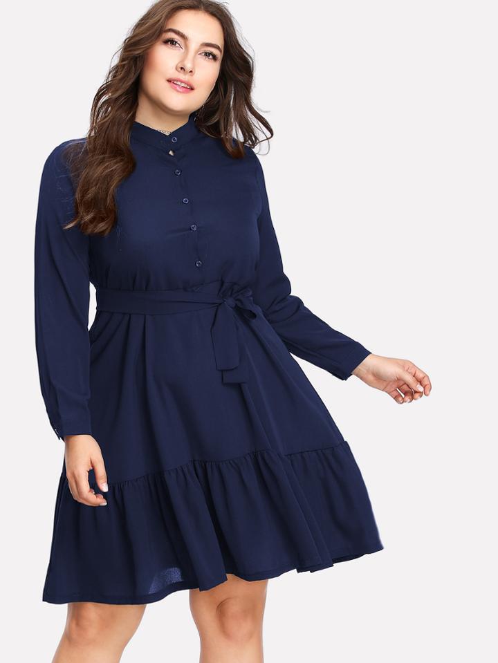 Romwe Button Front Ruffle Hem Tie Waist Shirt Dress