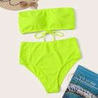 Romwe Plus Neon Lime Lace-up Bandeau With High Waist Bikini