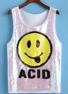 Romwe Smiley Face Sequined White Tank Top