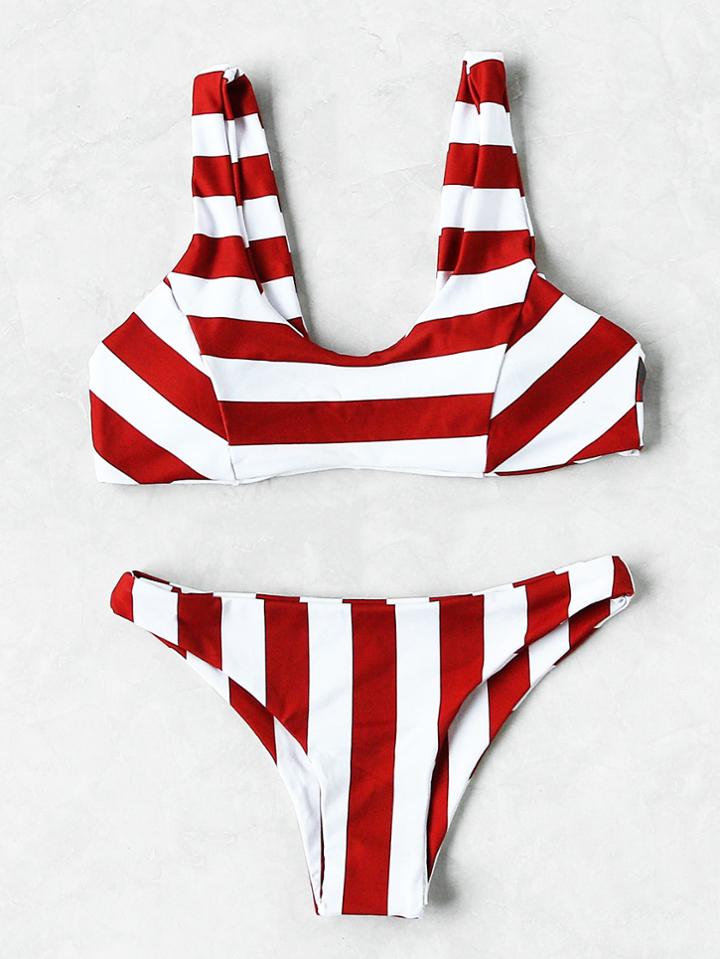 Romwe Two Tone Striped Print Bikini Set