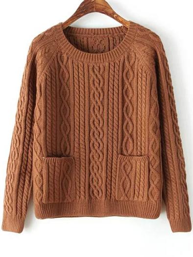 Romwe Diamond Patterned Pockets Khaki Sweater