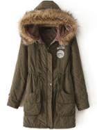 Romwe Hooded Drawstring Letter Patch Army Green Coat