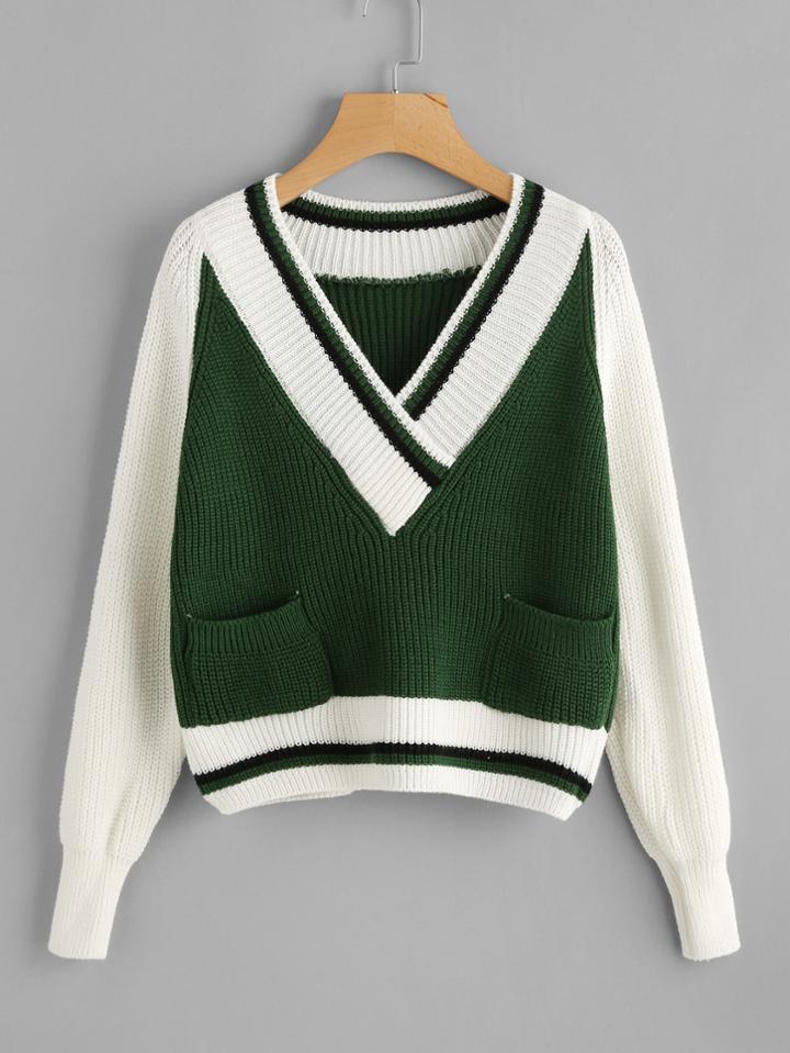 Romwe V Neckline Striped Trim Color Block Sweater