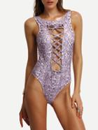 Romwe Lace-up Front Snake Print One-piece Swimwear