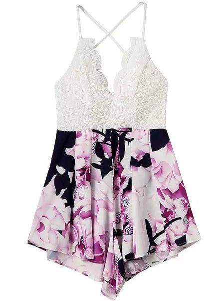 Romwe Spaghetti Strap Backless Florals Jumpsuit