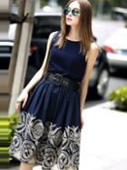 Romwe Navy Round Neck Sleeveless Embroidered Drawstring Dress
