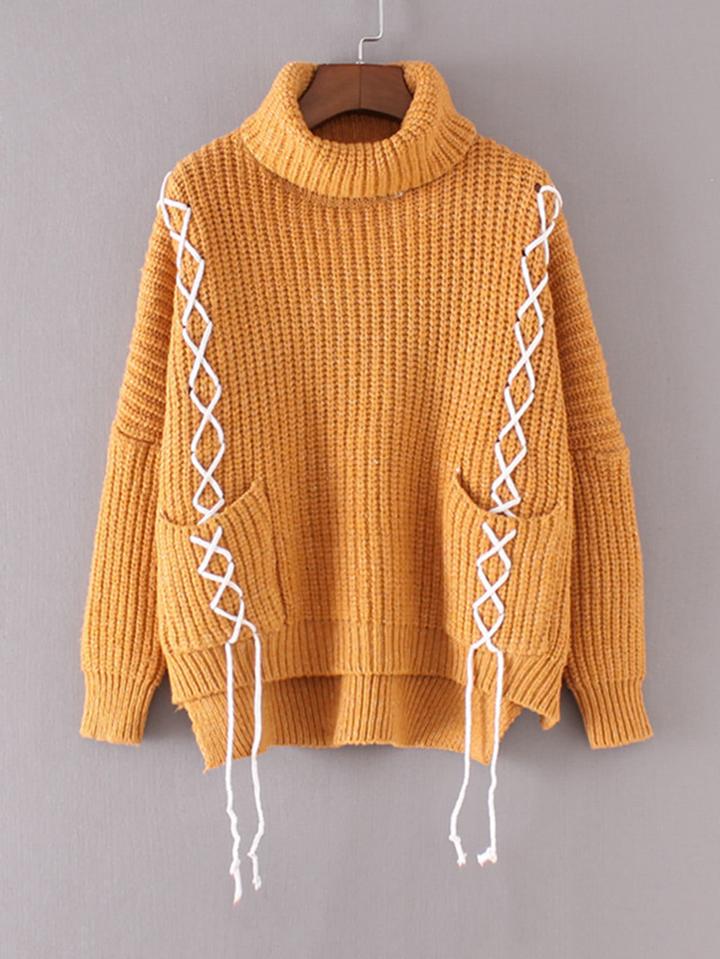 Romwe Contrast Lace Up Turtleneck Sweater