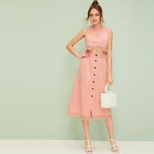 Romwe Lace Panel Button Back Top With Midi Skirt