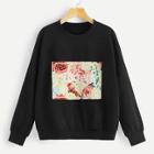 Romwe Plus Letter And Floral Print Sweatshirt