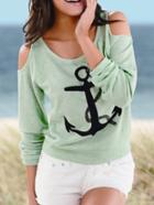 Romwe Green Cold Shoulder Anchors Print T-shirt