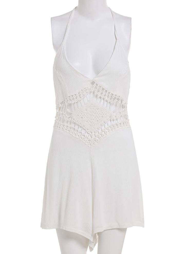Romwe Halter Backless Hollow White Romper
