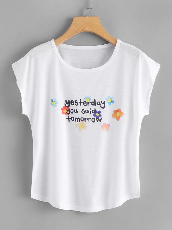 Romwe Slogan Print Floral Tee