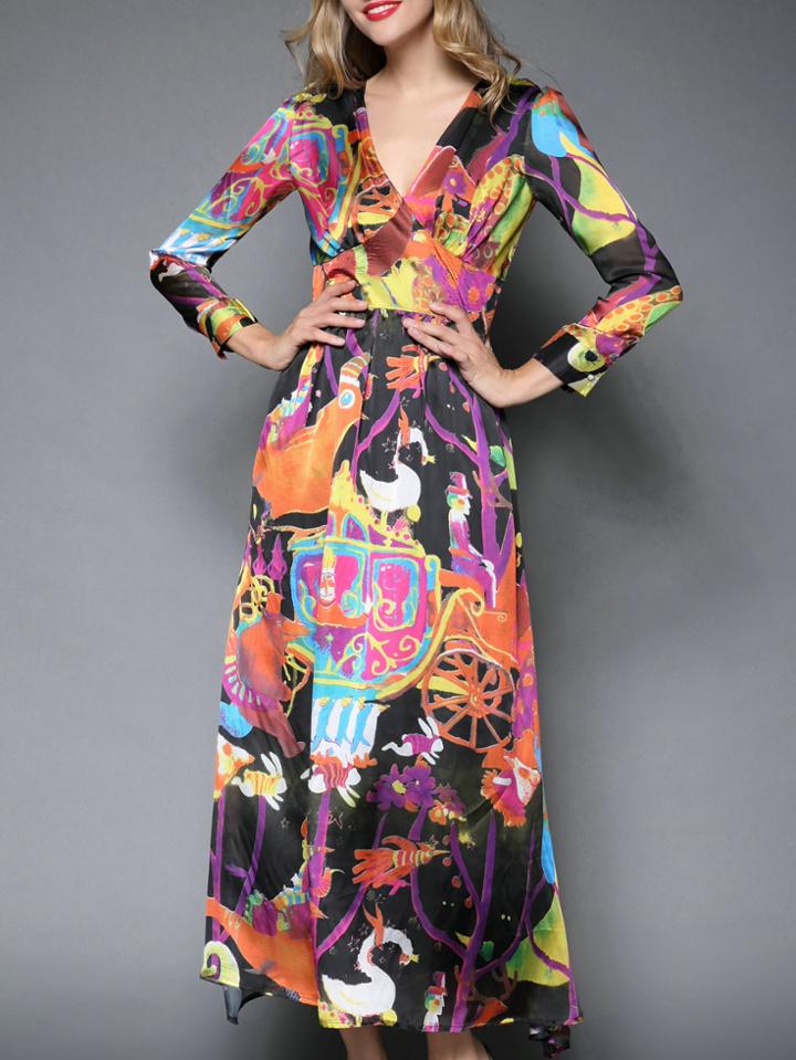 Romwe Multicolor V Neck Painted Maxi Dress