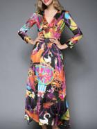 Romwe Multicolor V Neck Painted Maxi Dress