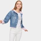 Romwe Contrast Panel Drawstring Fringe Hooded Denim Jacket