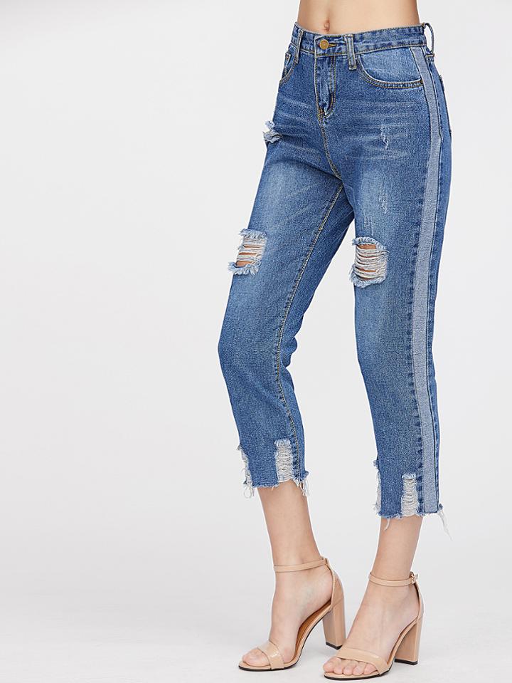 Romwe Distressed Side Paneled Fray Hem Crop Jeans