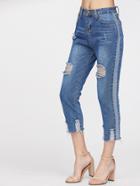 Romwe Distressed Side Paneled Fray Hem Crop Jeans
