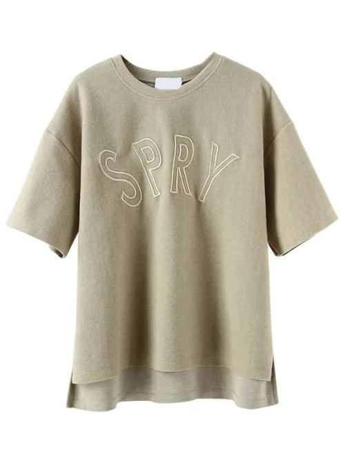 Romwe Dip Hem Letter Embroidered Khaki T-shirt
