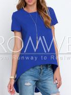 Romwe Blue Short Sleeve High Low Blouse