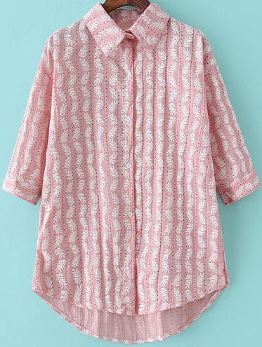 Romwe Lapel Dip Hem Olive Branch Print Pink Blouse