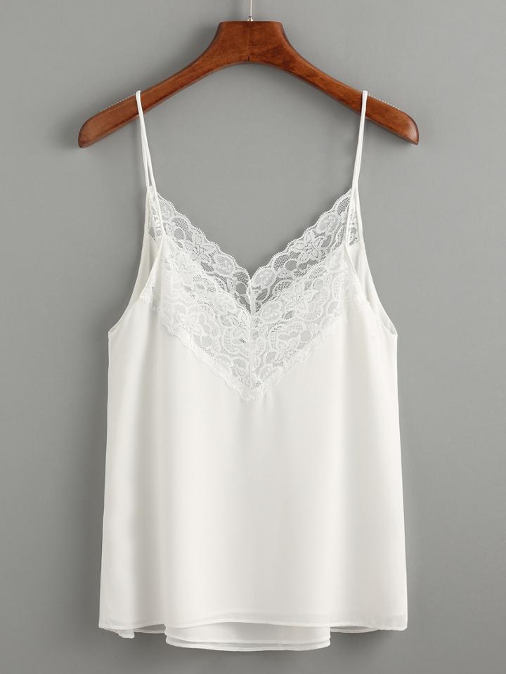 Romwe White Lace Trim Chiffon Cami Top