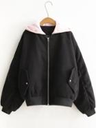 Romwe Black Letter Embroidery Contrast Hooded Zipper Coat