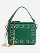 Romwe Rhinestone Embellished Handbag With Chain - Green