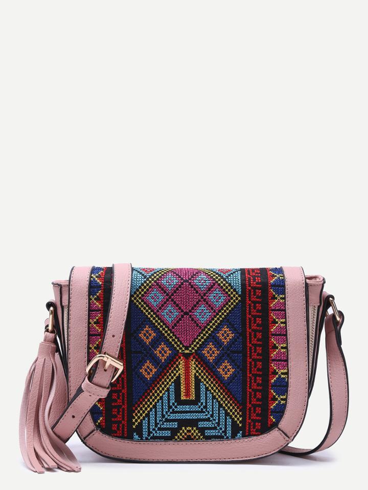 Romwe Pink Tribal Print Tassel Trim Flap Shoulder Bag