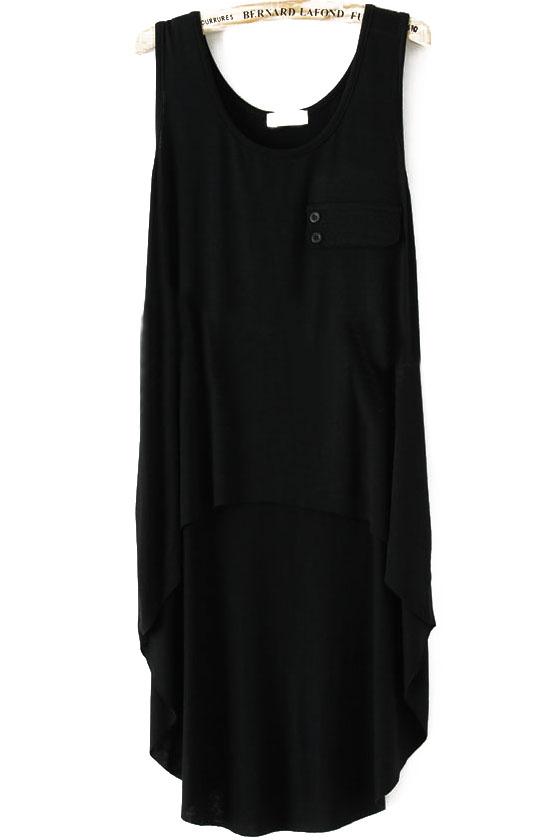 Romwe Dip Hem With Pocket Black Tank Top