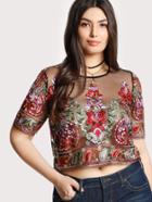 Romwe Paisley Embroidered Mesh Top