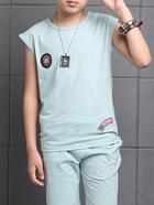 Romwe Patches Cap Sleeve Shirt With Shorts