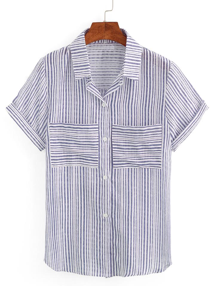 Romwe Mixed Striped Dual Pocket Short Sleeve Blouse - Blue
