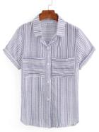 Romwe Mixed Striped Dual Pocket Short Sleeve Blouse - Blue