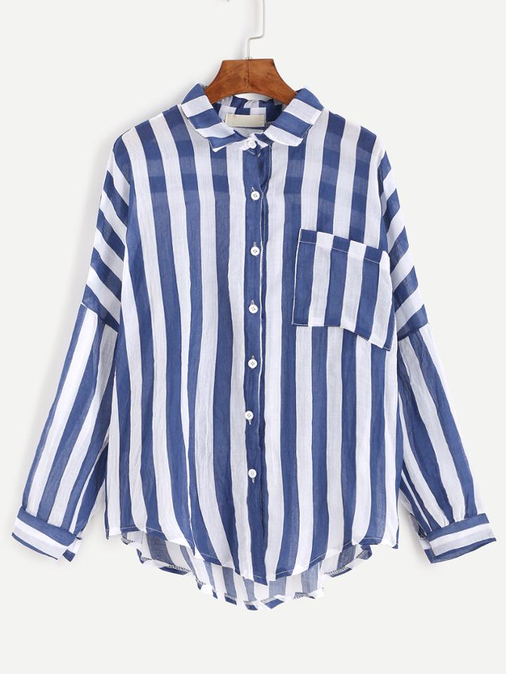 Romwe Blue Mixed Striped Drop Shoulder Pocket Front Blouse