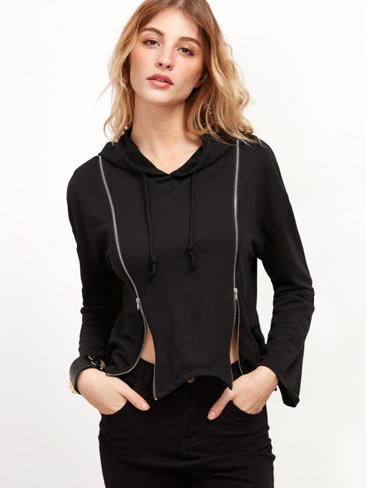 Romwe Black Double Zip Front Drawstring Hooded Sweatshirt