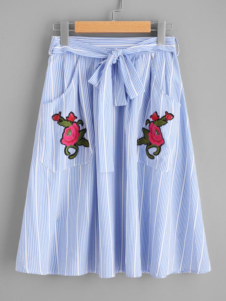 Romwe Self Tie Flower Embroidered Patch Pocket Skirt