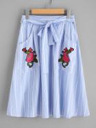 Romwe Self Tie Flower Embroidered Patch Pocket Skirt