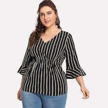Romwe Plus Striped Flounce Sleeve Blouse