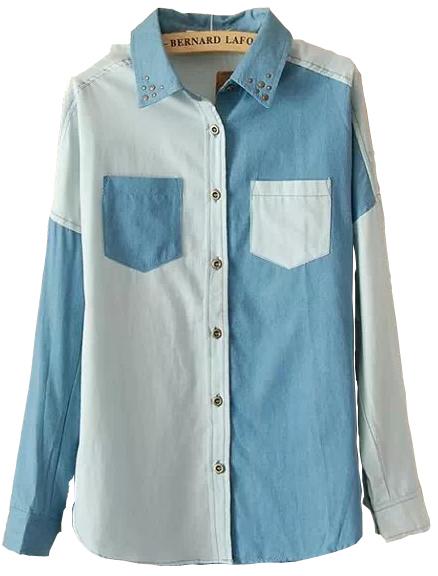 Romwe Lapel Pockets Denim Light Blue Blouse