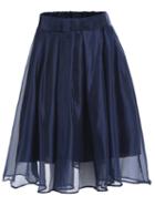 Romwe With Bow Elastic Waist Chiffon Blue Skirt
