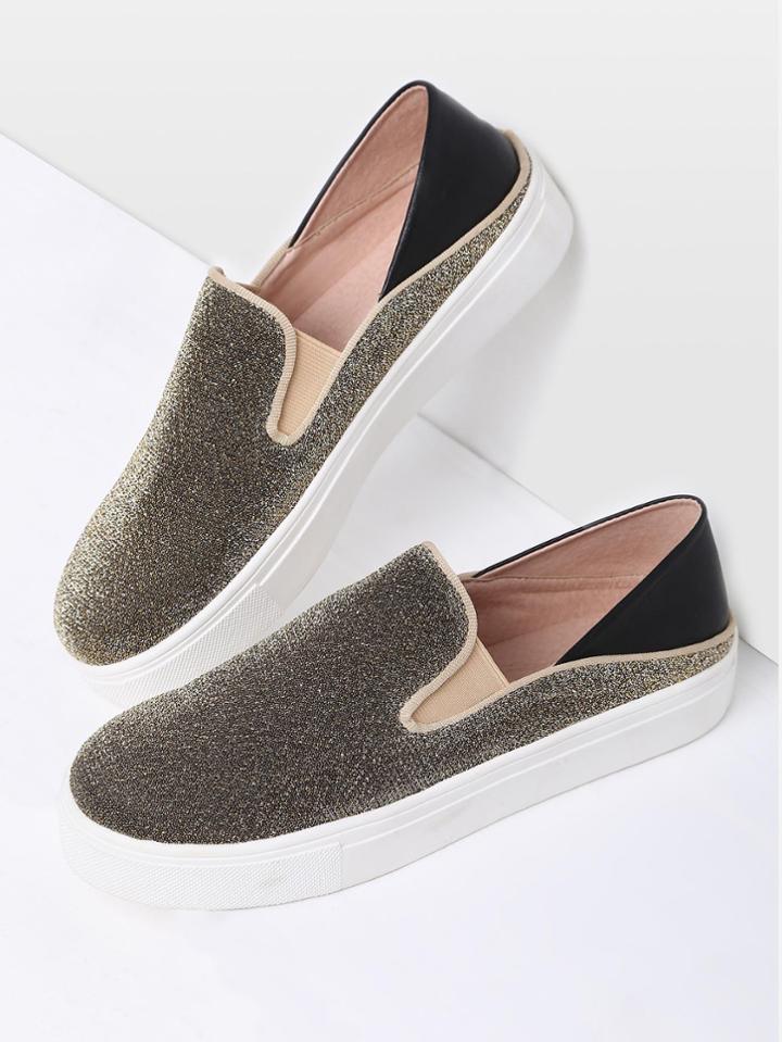 Romwe Gold Round Toe Glitter Flatform Sneakers