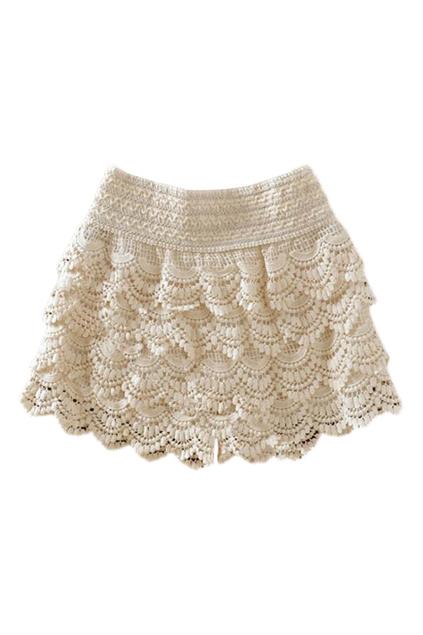 Romwe Lace Crochet Layered Cream Pantskirt